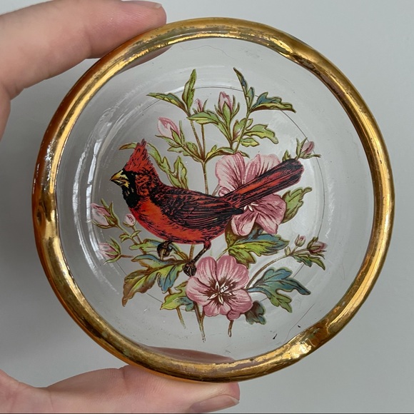 Vintage Gold Rimmed Cardinal Glass Ring Dish